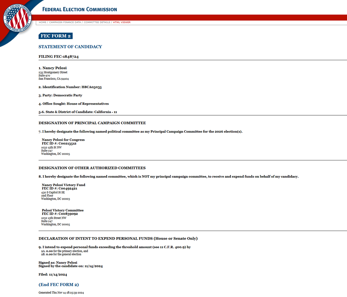 disclosetv's tweet image. JUST IN - Nancy Pelosi, 84, has filed for reelection in 2026.