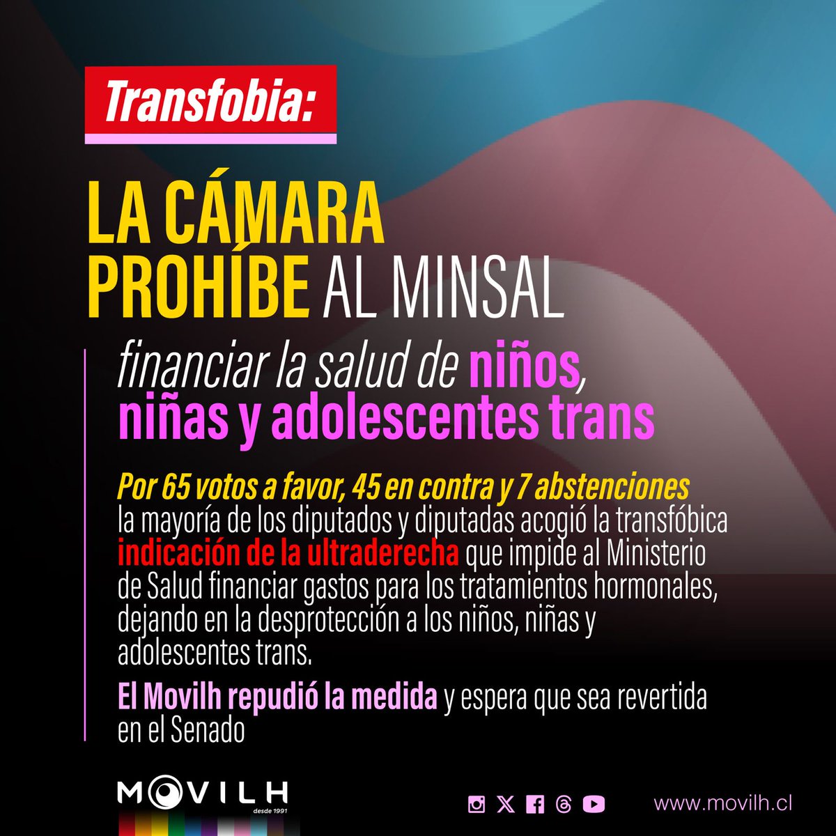 GRAVÍSIMO.  Cámara rechaza financiamiento en salud para niñas, niños y adolescentes trans. ¡Todas, todos y todes a marchar por los derechos de niños, niñas y adolescentes trans! Este sábado. 14:00 horas. Plaza Italia. movilh.cl/transfobia-la-…