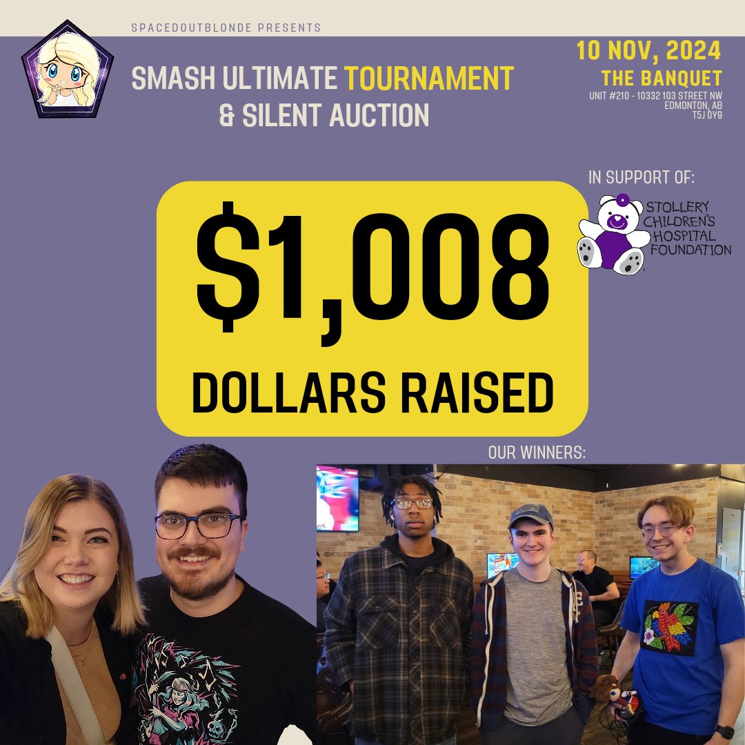 I am forever blown away by how incredible the Smash community is. 

When yall show up, YOU SHOW UP!

Over $1,000 raised for <a href="/StolleryKids/">Stollery Kids</a> and <a href="/YEGExtraLife/">Extra Life Edmonton</a> last weekend.

From the bottom of my heart: thank you 🩵
