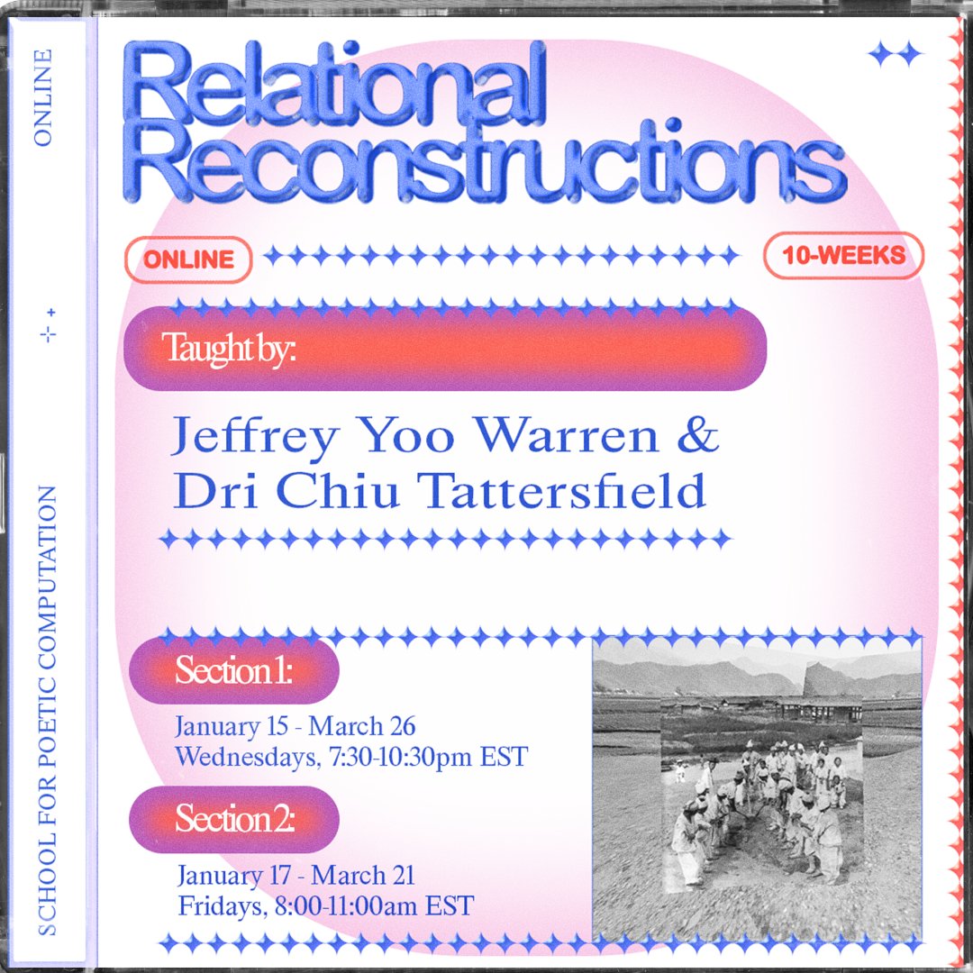 Meet Jeffrey Yoo Warren (<a href="/jywarren/">Jeffrey 유 Yoo Warren</a>) &amp; Dri Chiu Tattersfield (<a href="/plant_a_dri/">_</a>), teachers of Relational Reconstructions, a class where you’ll explore your ancestral relationships in creative ways

◌ Apply until November 17 at 11:59pm ET: sfpc.study/sessions/winte…
