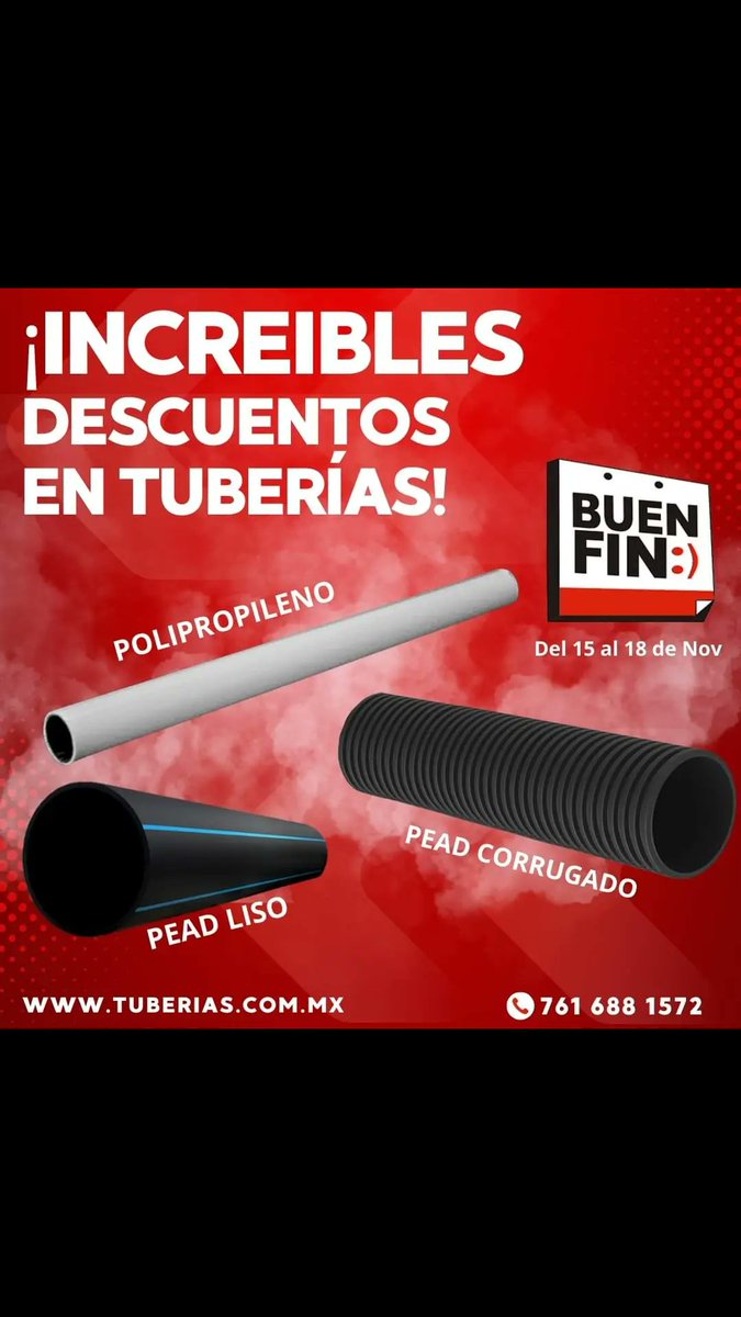 termoIPT's tweet photo. #IPT #BuenFin #buenfin2024 #tuberia #pead #HDPE #polipropileno
🌟 ¡Llegó el Buen Fin y con él, los mejores descuentos en tuberías! 
💻 Cotiza en línea en nuestra página web: https://t.co/KQzXO3JENB
📲 O llámanos al 761 688 1572 para más información. https://t.co/n8SWLfRjeF