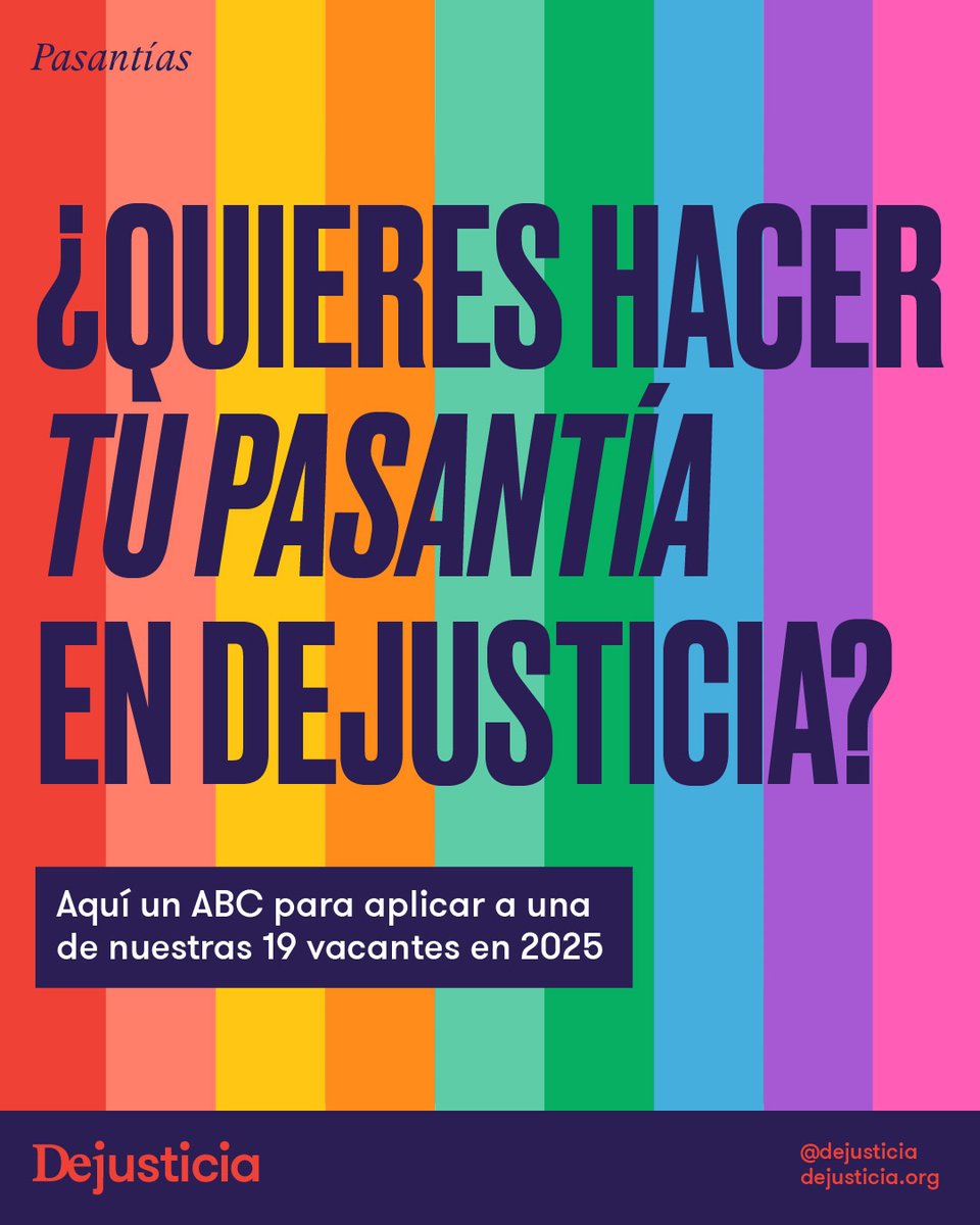 Dejusticia's tweet photo. Se acerca el fin de semestre, y seguro ya estás buscando dónde comenzar tu trayectoria profesional. En Dejusticia buscamos pasantes para 19 líneas de investigación y áreas de trabajo. Entérate de nuestra oferta para 2025-1 y cómo aplicar. #Pasantías #Práctica #TrabajoSíHay https://t.co/Vp8ymTKINe