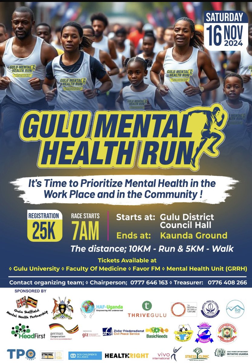 The Gulu Sheffield Partnership (@gulusheffield) on Twitter photo The 4th annual mental health race will take place in Gulu, Uganda this weekend. Promoting the prioritisation of mental health in the workplace there is an impressive agenda, guest speakers and runners and 1000 runners expected to take part <a href="/MinofHealthUG/">Ministry of Health- Uganda</a> <a href="/UUKHAhealth/">Uganda UK Health Alliance</a> The 4th annual mental health race will take place in Gulu, Uganda this weekend. Promoting the prioritisation of mental health in the workplace there is an impressive agenda, guest speakers and runners and 1000 runners expected to take part <a href="/MinofHealthUG/">Ministry of Health- Uganda</a> <a href="/UUKHAhealth/">Uganda UK Health Alliance</a>