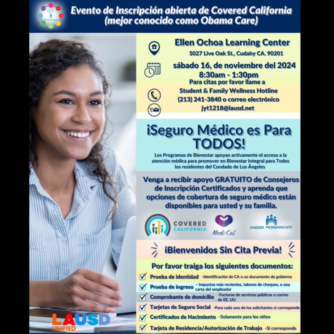 LAUSD_CHAMP (@lausd_champ) on Twitter photo Health Insurance is for EVERYONE!
📞 For appointments please call The Student & Family Wellness Hotline at (213) 241-3840 and secure your spot!
#CommunityEvents #OpenEnrollment #JoinUs #Health #Insurance #qualityaffordablehealthcare
<a href="/CoveredCA/">Covered California</a> Health Insurance is for EVERYONE!
📞 For appointments please call The Student & Family Wellness Hotline at (213) 241-3840 and secure your spot!
#CommunityEvents #OpenEnrollment #JoinUs #Health #Insurance #qualityaffordablehealthcare
<a href="/CoveredCA/">Covered California</a>