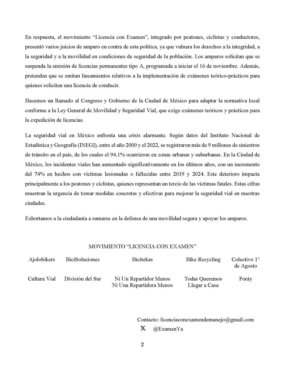 🚨 Peatones, ciclistas y conductores presentan amparo contra licencias permanentes sin examen de manejo en CDMX 🚨

El movimiento #LicenciaConExamen busca suspender la emisión de licencias permanentes y exige exámenes teórico-prácticos para mejorar la seguridad vial. 👥🛴🚗