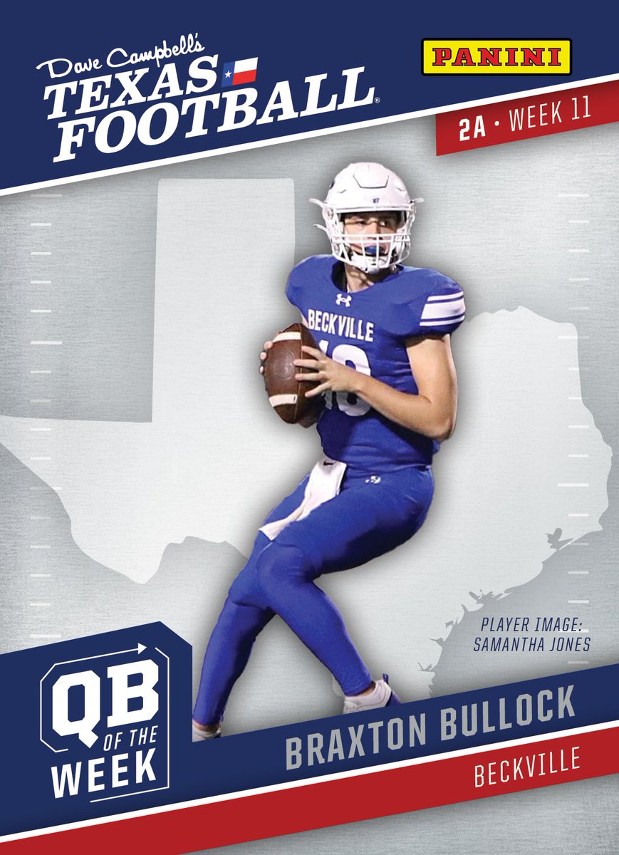 Introducing our Week 11 #txhsfb 2A Quarterback of the Week presented by <a href="/PaniniAmerica/">Panini America</a>: Braxton Bullock from the Beckville Bearcats!

<a href="/braxtonbullock5/">Braxton Bullock</a> | <a href="/Beckville_Sport/">Beckville Athletics</a> | <a href="/24_RossC/">Cody Ross</a> | #dctf #whodoyoucollect 

📸: Samantha Jones