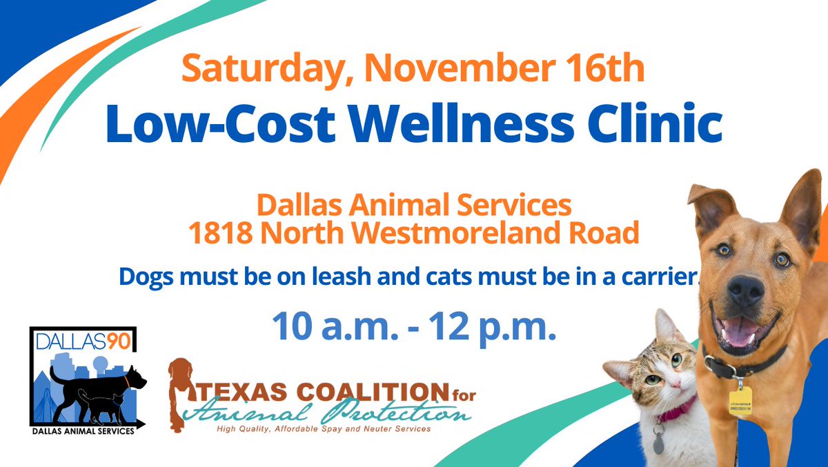 This Saturday, November 16th, Texas Coalition for Animal Protection will be at Dallas Animal Services (1818 North Westmoreland Road) with low-cost vaccines and wellness options for your pet. 

Prices in English and Spanish here: ow.ly/TIwa50U4Ipq