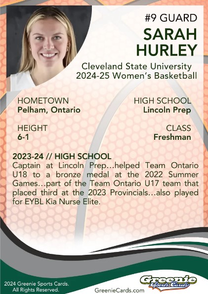Freshman <a href="/sarahghurley/">Sarah Hurley</a>  comes to <a href="/CSU_WBasketball/">Cleveland State Women's Basketball</a> from Ontario and we are so proud to work with her on her first NIL Greenie Sports Cards Trading Card.  

Copy and paste this link to pre-order her card.

greeniecards.com/products/sarah…

#sportscards #nil #tradingcard #college #basketball