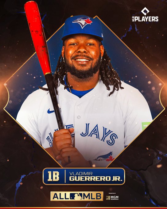 First Team All-MLB 2024 – 1B: Vladimir Guerrero Jr.
Pictured: Cutout of Vladimir Guerrero Jr. in a white Blue Jays uniform with blue lettering.
All-MLB 2024 presented by MGM Rewards