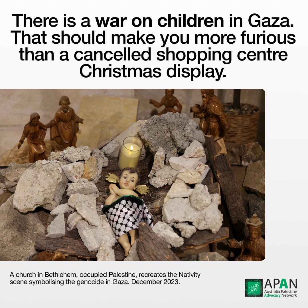 APAN (@apan4palestine) on Twitter photo While a cancelled Christmas display is causing outrage, Israel's war on children in Gaza continues to be ignored by Australian leaders.
Following the cancellation of a shopping centre Christmas display in Melbourne, the Premier of Victoria Jacinta Allan <a href="/JacintaAllanMP/">Jacinta Allan</a> stated While a cancelled Christmas display is causing outrage, Israel's war on children in Gaza continues to be ignored by Australian leaders.
Following the cancellation of a shopping centre Christmas display in Melbourne, the Premier of Victoria Jacinta Allan <a href="/JacintaAllanMP/">Jacinta Allan</a> stated