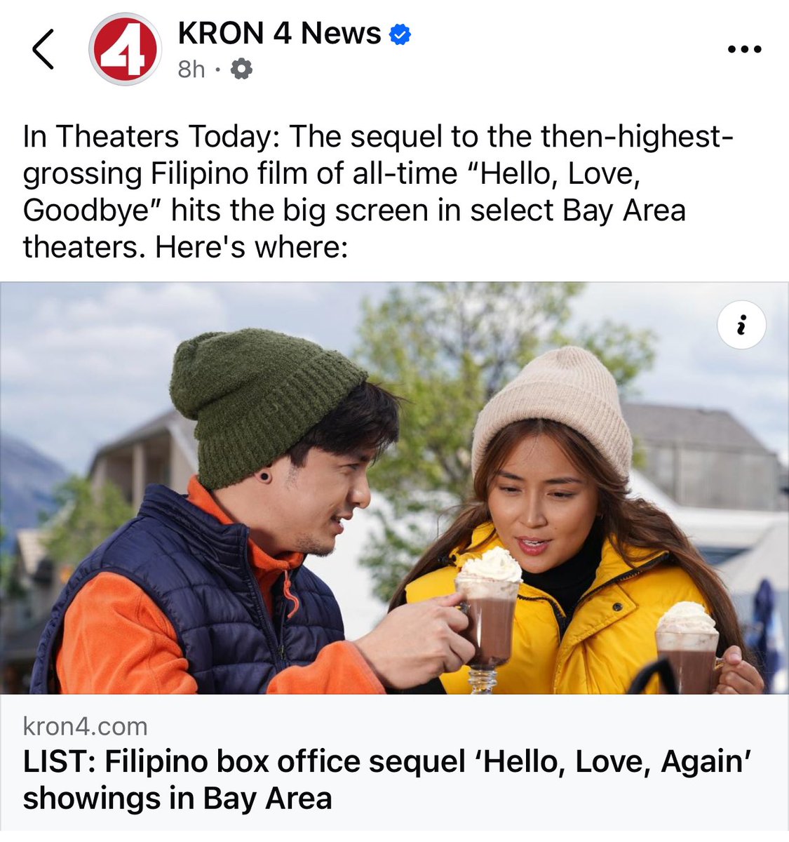 LOOK: 'Hello Love Again' makes it to Kron4 News - San Francisco Bay Area's local news outlet, reporting around San Francisco, San Jose, Oakland and the rest of the Bay Area in California where a lot of Filipinos reside. 

Read the full article here: kron4.com/entertainment-…