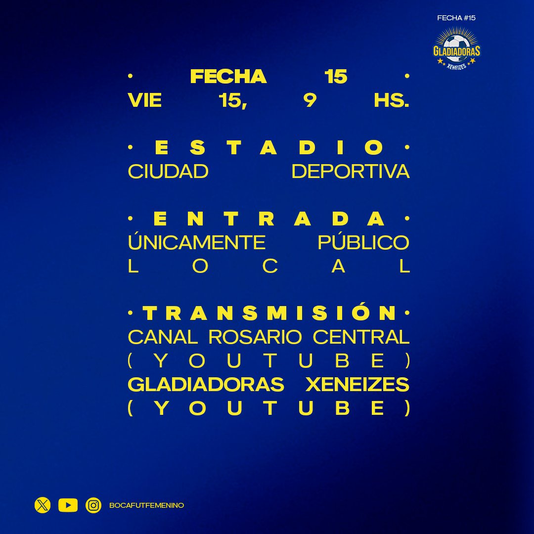 #PróximoPartido

Boca visita a Rosario Central

📅15/11
⏰9 horas
🏟️Ciudad Deportiva
🎟️Únicamente público local
💻YouTube Rosario Central 
🎙️youtube.com/@Bocafutfemeni… 

📸<a href="/martinflores306/">Martin</a>