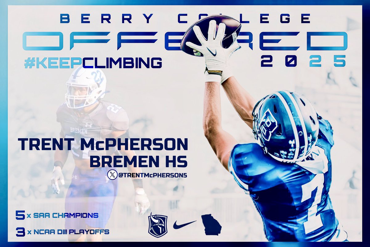 Trent McPherson (@trentmcpherson5) on Twitter photo After a great conversation with <a href="/BCCoachK/">Tony Kunczewski</a> last night, I am thankful to receive an offer from <a href="/BerryFootball/">Berry Football</a> ‼️
<a href="/CateriusH43/">CaTerius Hinton</a> <a href="/GATABHSdevils/">Bremen Football</a> <a href="/RecruitGeorgia/">Recruit Georgia</a> <a href="/coach_folds/">Nick Folds</a> <a href="/NwGaFootball/">NwGa Football</a> <a href="/ElijahJace/">Jace Elijah Jordan</a> <a href="/makai_terry/">Coach Makai Terry</a> <a href="/CoachRobison_/">Sam Robison</a> <a href="/WGASportsNation/">West Georgia Sports-Nation</a> After a great conversation with <a href="/BCCoachK/">Tony Kunczewski</a> last night, I am thankful to receive an offer from <a href="/BerryFootball/">Berry Football</a> ‼️
<a href="/CateriusH43/">CaTerius Hinton</a> <a href="/GATABHSdevils/">Bremen Football</a> <a href="/RecruitGeorgia/">Recruit Georgia</a> <a href="/coach_folds/">Nick Folds</a> <a href="/NwGaFootball/">NwGa Football</a> <a href="/ElijahJace/">Jace Elijah Jordan</a> <a href="/makai_terry/">Coach Makai Terry</a> <a href="/CoachRobison_/">Sam Robison</a> <a href="/WGASportsNation/">West Georgia Sports-Nation</a>