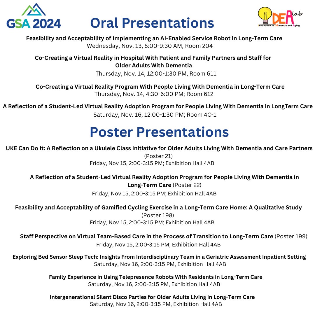 UBC IDEA Lab (@ubc_idealab) on Twitter photo Check out the schedule of our 4 oral and 7 poster presentations! Thank you very much #GSA2024
<a href="/geronsociety/">Gerontological Society of America (GSA)</a> for accepting our abstract!🤩 Thank you
<a href="/nurselillian/">Dr. Lillian Hung 🇨🇦</a> for leading our 6 students for the opportunity! 📷😍 Check out the schedule of our 4 oral and 7 poster presentations! Thank you very much #GSA2024
<a href="/geronsociety/">Gerontological Society of America (GSA)</a> for accepting our abstract!🤩 Thank you
<a href="/nurselillian/">Dr. Lillian Hung 🇨🇦</a> for leading our 6 students for the opportunity! 📷😍