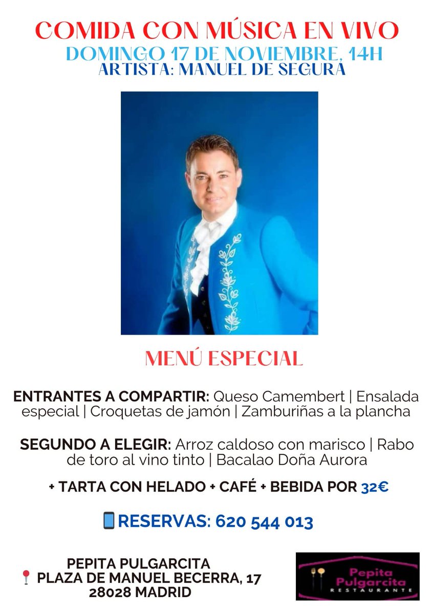 Domingo 17 de noviembre.
Comida-Espectáculo 14:00h.
Restaurante Pepita Pulgarcita.
Plaza Manuel Becerra 17 Madrid.