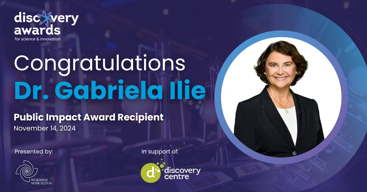 Discovery Centre (@discoverycntr) on Twitter photo Congrats to <a href="/GabrielaIDr/">Gabriela Ilie</a>, 2024 #DiscoveryAwards Public Impact Award recipient! Her pioneering work addresses critical needs of men diagnosed with prostate cancer & cancer survivors, leading to the development of the globally recognized programs. Presented by <a href="/_researchNS/">Research Nova Scotia</a>. Congrats to <a href="/GabrielaIDr/">Gabriela Ilie</a>, 2024 #DiscoveryAwards Public Impact Award recipient! Her pioneering work addresses critical needs of men diagnosed with prostate cancer & cancer survivors, leading to the development of the globally recognized programs. Presented by <a href="/_researchNS/">Research Nova Scotia</a>.