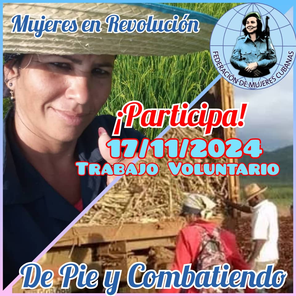 YaraLorenz43149's tweet photo. Convocamos este Domingo 17 de noviembre a participar de forma activa en todo lo que sea beneficio para las familias al Trabajo Voluntario Nacional¡Súmate!
#fmcsanluis
#MujeresEnRevolución
#FMC64
#VamosPorMàsVictorias
#PinarXNuevasVictorias https://t.co/MEvBD85MSp