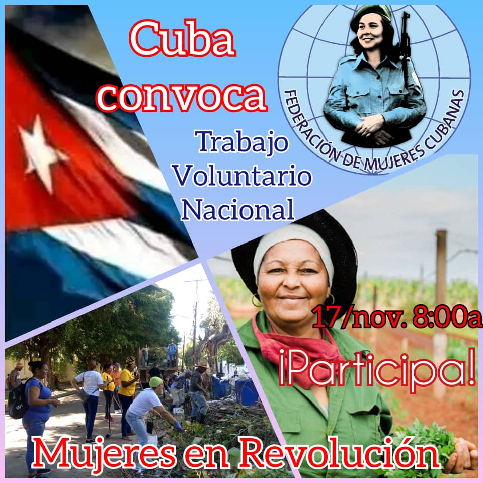 YaraLorenz43149's tweet photo. Convocamos este Domingo 17 de noviembre a participar de forma activa en todo lo que sea beneficio para las familias al Trabajo Voluntario Nacional¡Súmate!
#fmcsanluis
#MujeresEnRevolución
#FMC64
#VamosPorMàsVictorias
#PinarXNuevasVictorias https://t.co/MEvBD85MSp