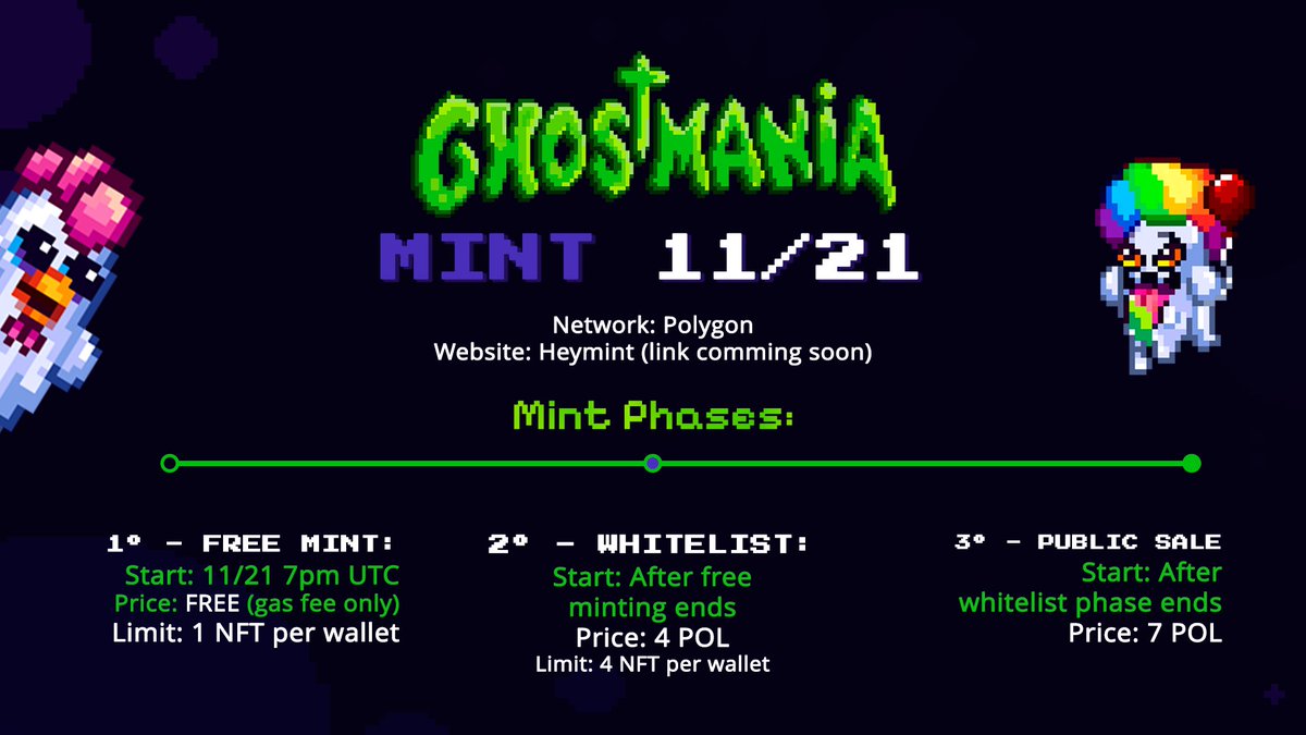 Get ready for the big moment! 🎉

👻 The mint date for the Ghostmania collection is set: mark your calendar for 11/21 at 7PM UTC! 🗓️⏰

🌐 Network: Polygon
🌍 Website: Heymint (link coming soon)

🔥 Mint Phases

Free Mint
Start: 11/21 at 19:00 UTC
Price: FREE (only gas fee) 💸
