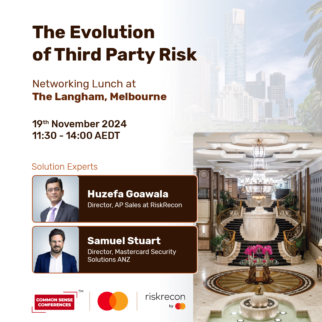 Join us for an exclusive Networking Lunch on Nov 19th, 2024 at The Langham, Melbourne! Learn from experts Samuel Stuart from Mastercard and Huzefa Goawala from RiskRecon on ensuring the security and integrity of your partners and suppliers. Apply now: [bit.ly/40yLFjV]