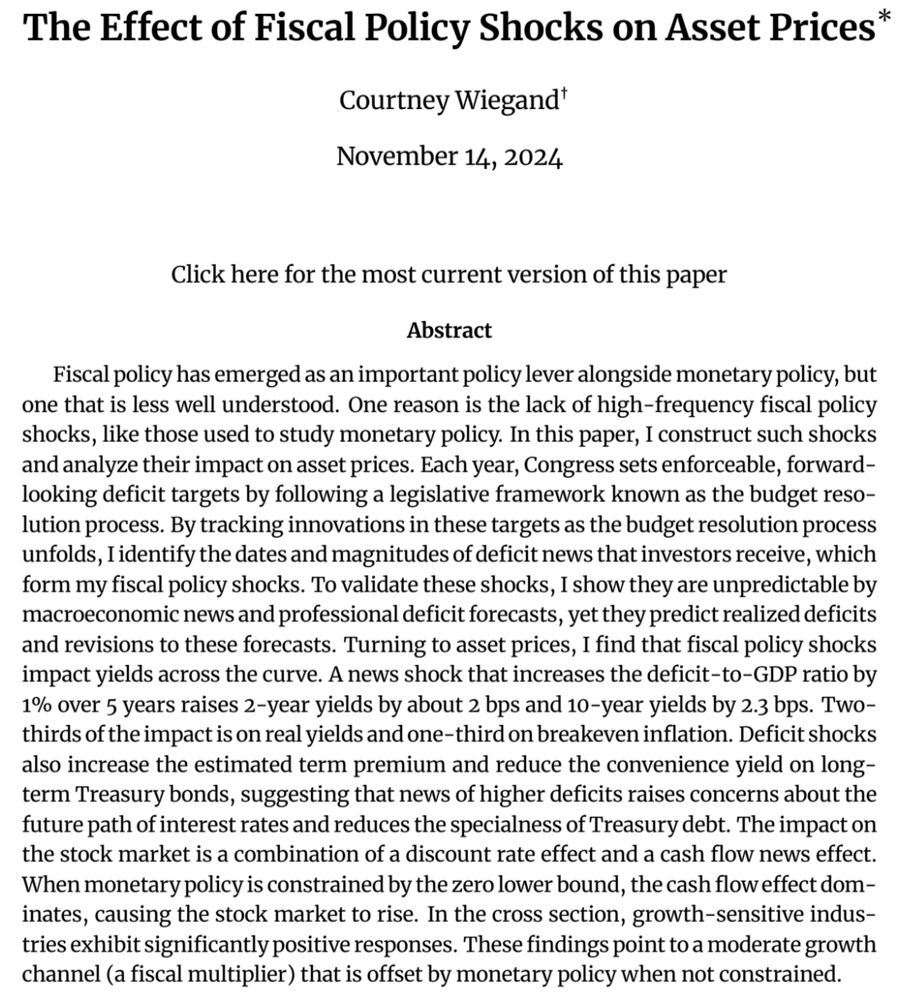 Great job market candidate at NYU Stern—Courtney Wiegand—finds clever exogenous fiscal shocks to Debt/GDP which impact stocks, real bond yields (multiplier), and inflation.

Stronger cash flow effects when we are at the zero lower bound.

dropbox.com/scl/fi/5pl7owy…