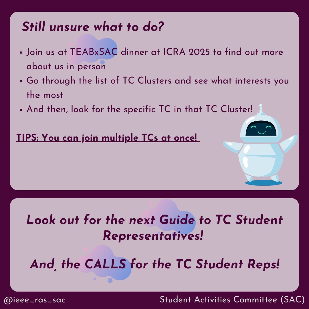 TCs are short for Technical Committees. Check out this guide to learn more! Please refer to these links for more info:

How to join: ieee-ras.org/technical-comm…
TCs: ieee-ras.org/technical-comm…
TC Clusters: ieee-ras.org/technical-comm…

 #ieeeras #ieeerassac #robotics #automation #students