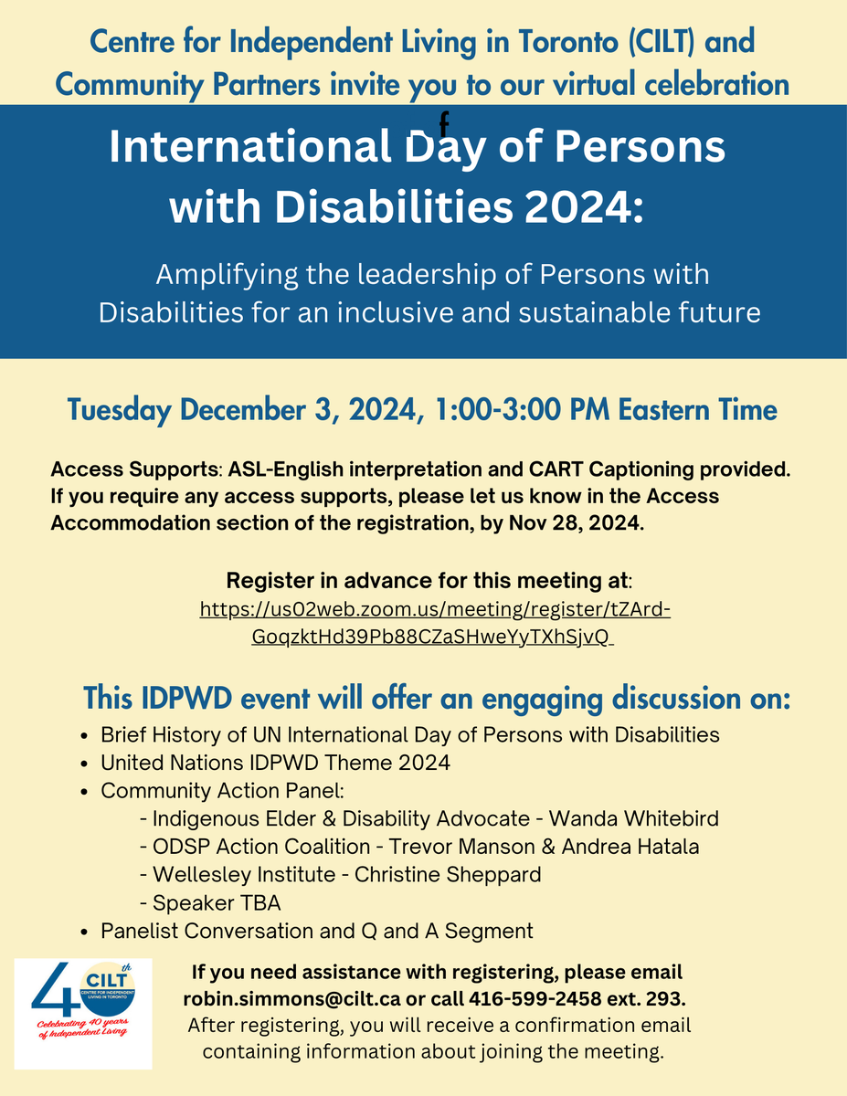 We invite you to our annual #IDPWD event, Dec. 3, 1-3pm, on zoom! A panel of speakers will share their social action, policy work &amp; research to disrupt structural barriers harming disabled lives- like disability poverty, housing and health precarity. Reg us02web.zoom.us/meeting/regist…