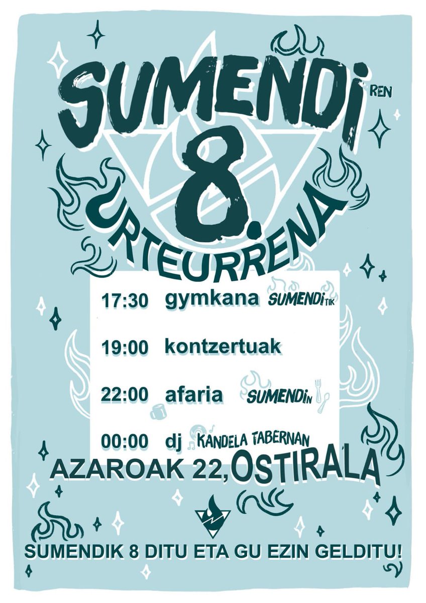 SUmendik zortzi urte ditu, eta gu ezin gelditu!!♾️

SUmendiren 8.urteurrena badator!! 🔥🔥

Azaroaren 22an, arratsaldean, proiektuaren 8 urte ospatuko ditugu eta zuek gurekin ospatzera gonbidatzen zaituztegu, SUmendik beste 8 urte bete dezadan!! ❤️‍🔥

Animatu gurekin ospatzera!!
