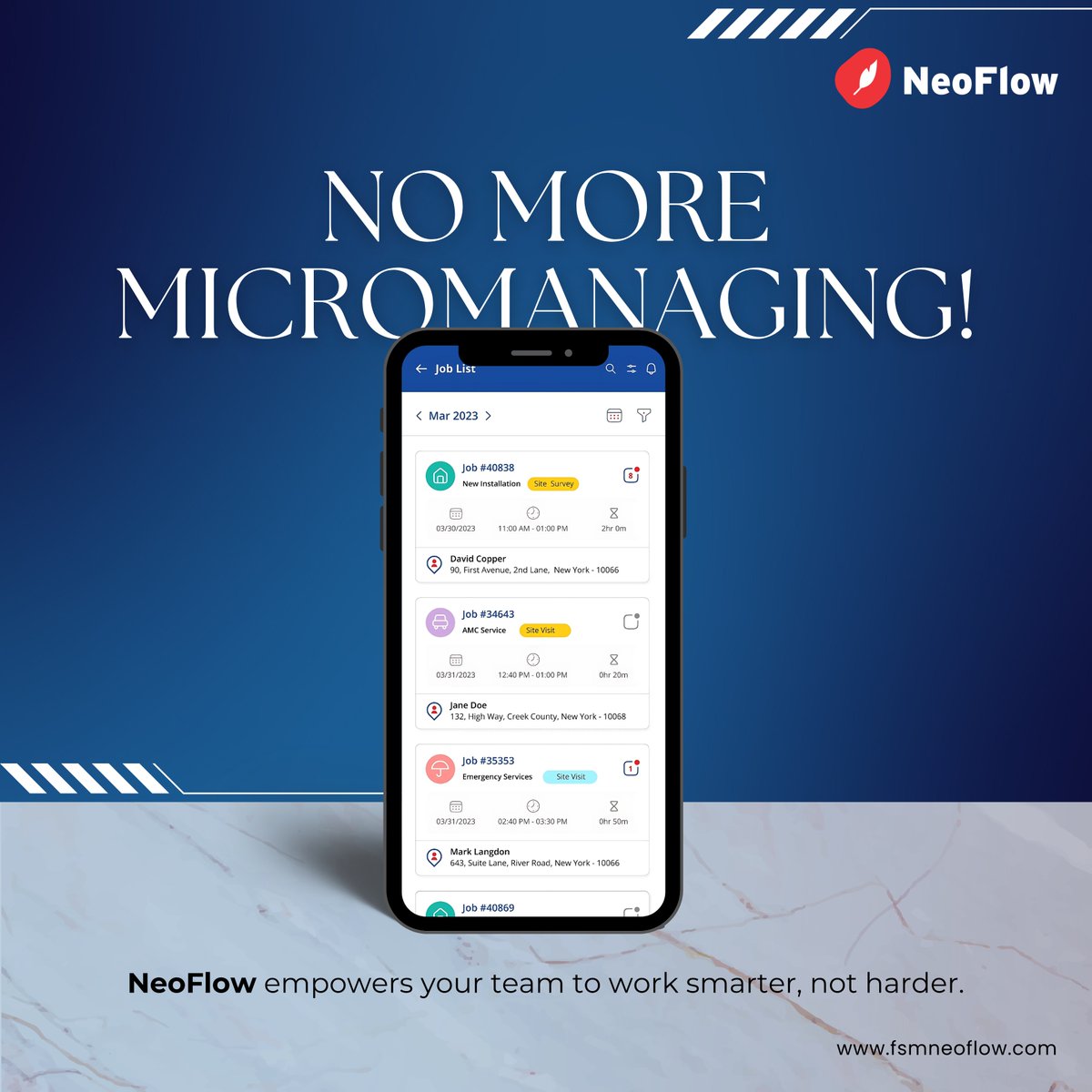 Neoflow_FSM's tweet image. 🚀 Say goodbye to micromanaging! NeoFlow empowers your team with clear tasks and real-time updates, so you can focus on growth, not constant follow-ups. Let’s work smarter together. 💼✨

fsmneoflow.com

#NeoFlow #WorkSmart #TaskManagement #BusinessEfficiency