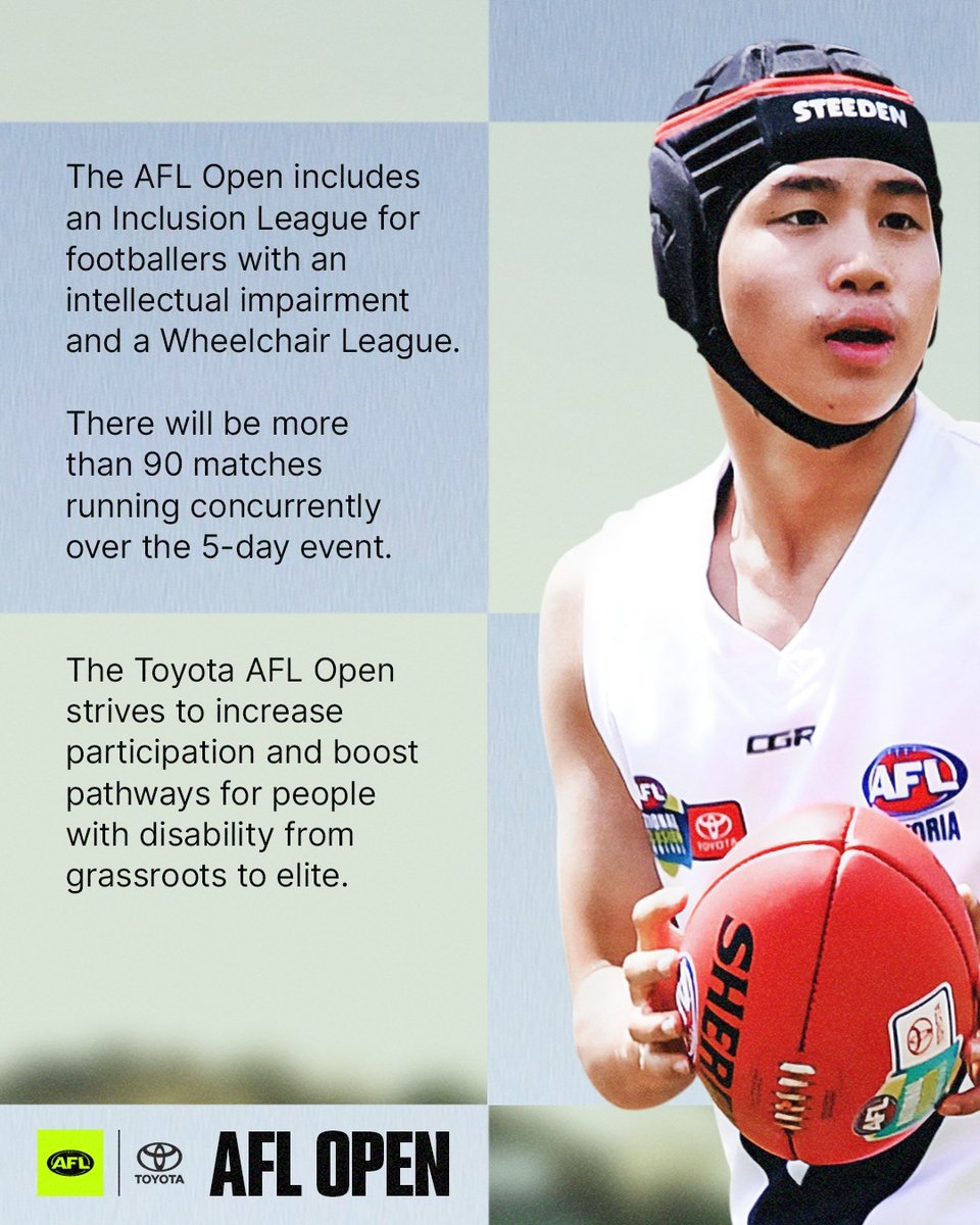 AFL's tweet photo. Introducing the @Toyota_Aus AFL Open π
A new national event and the start of a new era for disability inclusion, running from November 21-26 at the South Pine Sports Complex in Queensland.
#goodforfooty https://t.co/wOUZIerBOe