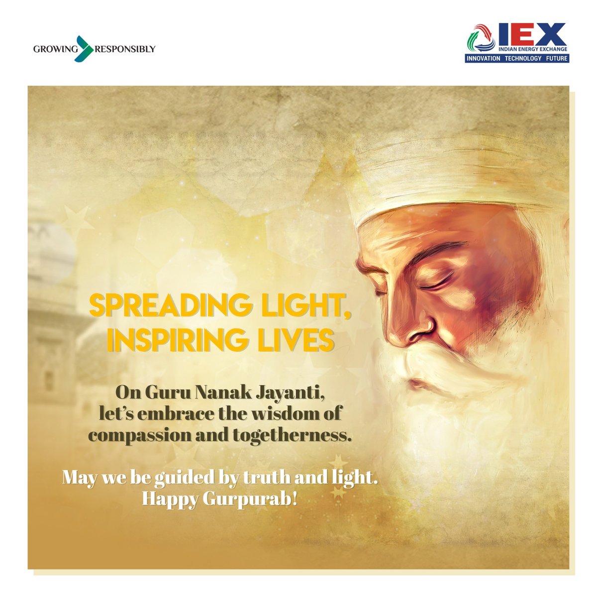 IEX_India_'s tweet photo. On this auspicious day, we draw inspiration from the timeless teachings of Guru Nanak Dev Ji to spread light, compassion, and unity. May his wisdom guide us towards a brighter and more harmonious future. Happy Gurpurab!
#GuruNanakJayanti #SpreadingLight #InspireChange #UnityInDiversity #IEXCelebrates