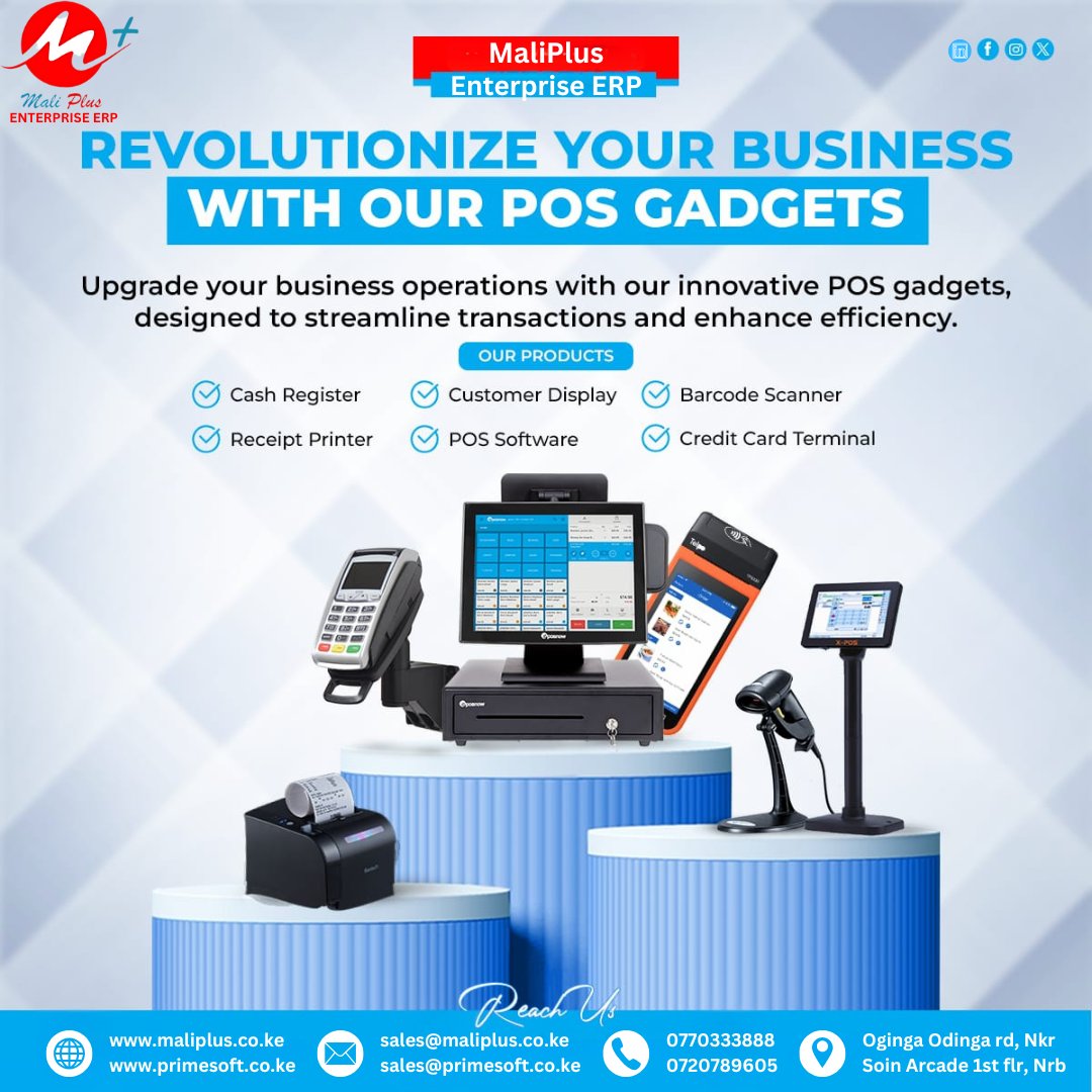 MaliPlusERP's tweet photo. Revolutionize your business with #MaliPlus POS gadgets! From cash registers to barcode scanners, our solutions streamline transactions & enhance efficiency. Upgrade today for a seamless customer experience!
sales@maliplus.co.ke
0770338888 | 0720789605
https://t.co/RRi7yHhnEY https://t.co/TZ25aHytlv