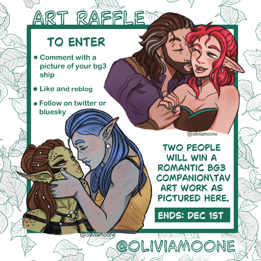 OliviaMoone's tweet photo. Hello! It's raffle time! #artraffle #BG3fanart #BG3 #GaleDekarios #laezel https://t.co/WUlGdIdpwg