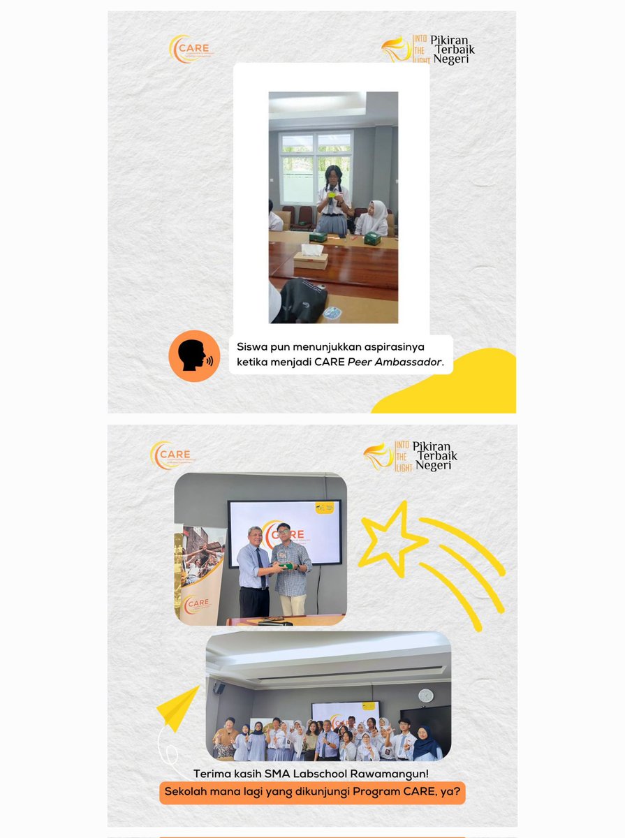 CARE hadir di SMA Labschool Rawamangun. Ada 20 siswa dilatih jadi CARE Peer Ambassador dan 5 guru Peer Companion. Mereka juga membuat Panduan Kebijakan Perlindungan Kesehatan Mental. Intip modul CARE di s.id/programcare2024. 

#ITLforCARE #CARETogether #IntoTheLightIndonesia