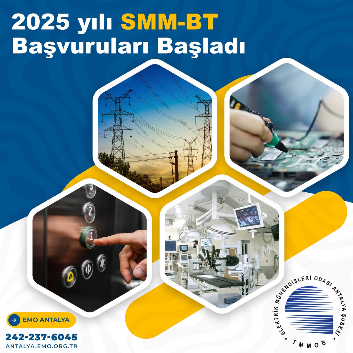SMM olarak çalışan Elektrik Mühendisleri Odası üyeleri için 2025 Yılı SMM-BT Belge yenileme başvuruları, 15 Kasım 2024 tarihi itibariyle başladı. Başvuru detayları için antalya.emo.org.tr web sitemizi ziyaret edebilir veya şube/temsilciliklerimiz ile iletişime geçebilirsiniz
