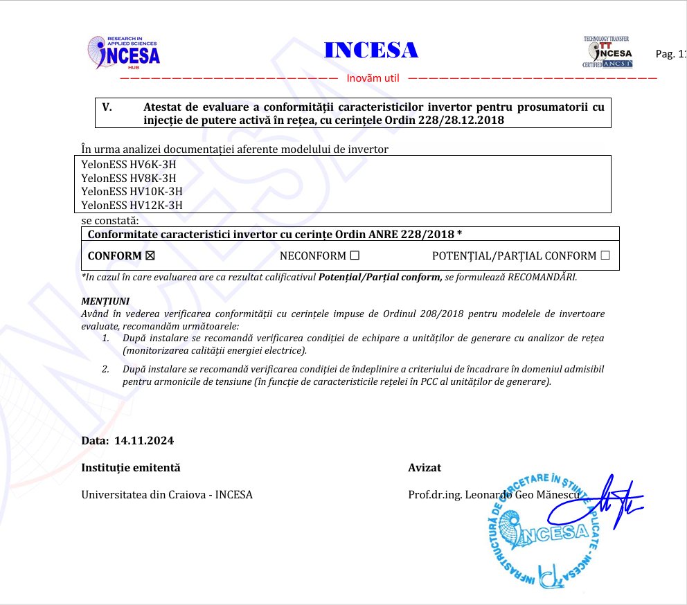 Yeloness's tweet photo. YelonESS is glad to announce that its three-phase high voltage inverters HV6/8/10/12K-3H have been certified by INCESA, which means they are allowed to be sold and installed in Romania!

Website: https://t.co/ETRwX0ioE5
#YelonESS #Inverter #EnergyStorage #Romania #ANRE https://t.co/9lamKF6oq5