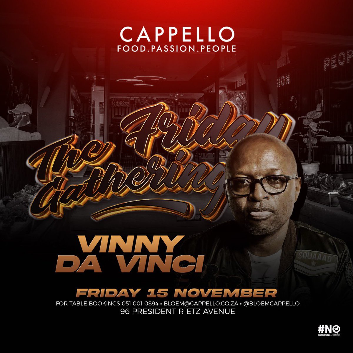 TONIGHT!!!

Friday 15 November 2024

📍 CAPPELLO Bloemfontein FS

SEE YOU THERE!!!