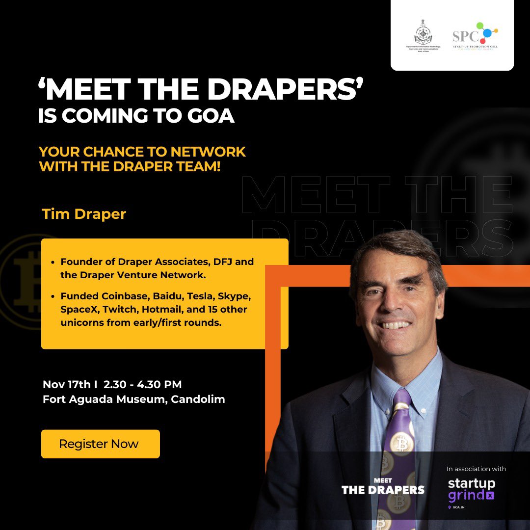 Startup_Goa's tweet image. Go behind the scenes at &apos;Meet the Drapers&apos;, a renowned global startup pitch show, this weekend in Goa!

Date: 17 November 2024
Time: 2:30 PM - 4:30 PM
Venue: Fort Aguada Museum, Candolim

Register Now: forms.gle/ZBk6zQnp6G41Gi…

Limited seats available!
#TimDraper #MeetTheDrapers