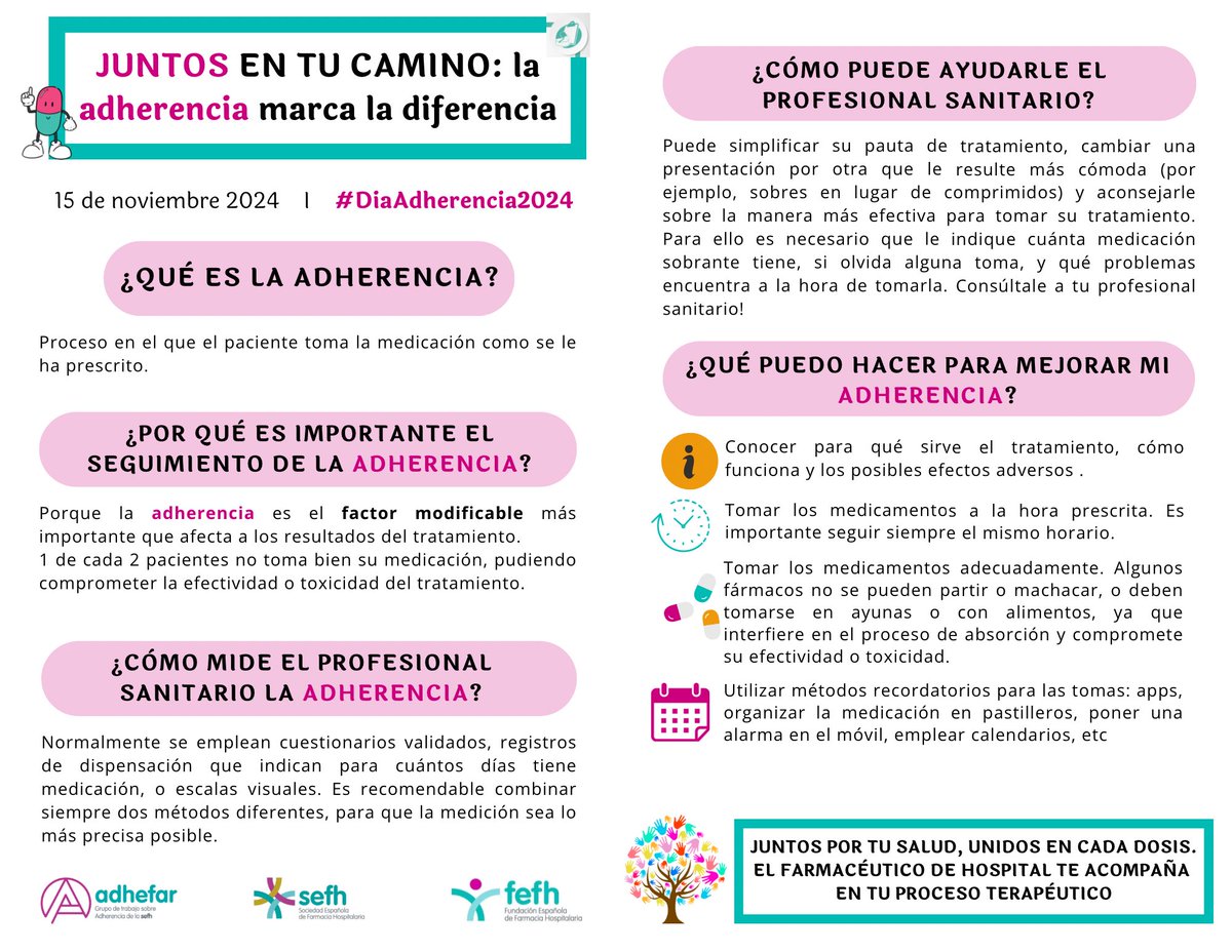 💊💉🎉Hoy celebramos el #DiaAdherencia2024 bajo el lema "Juntos en tu camino: la adherencia marca la diferencia"

Pacientes y equipo sanitario caminamos de la mano para mejorar la adherencia y ganar salud

Tú eres el protagonista, y desde farmacia hospitalaria te acompañamos en