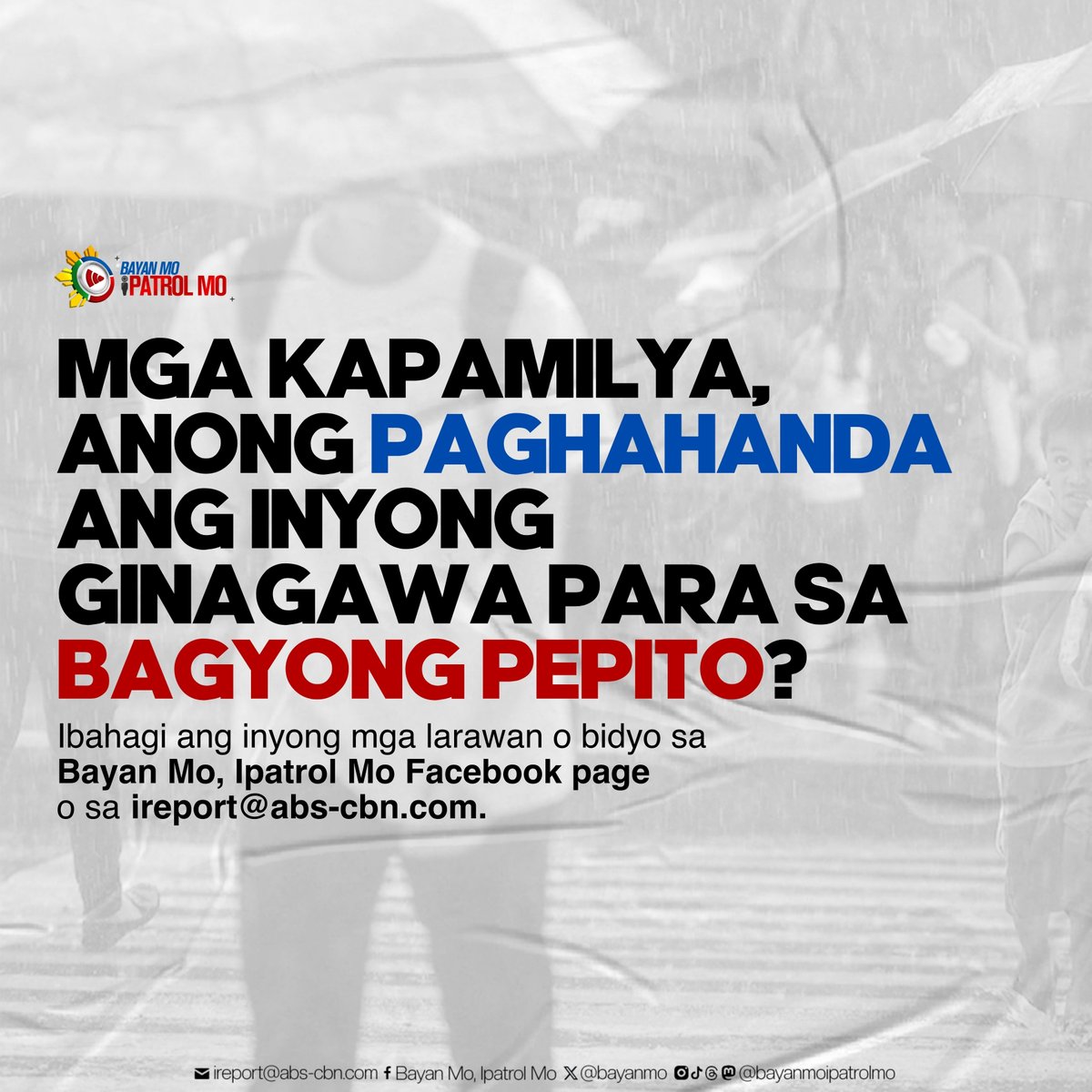 bayanmo's tweet image. May mga paghahanda na bang ginagawa sa inyong lugar para sa Bagyong #PepitoPH?

Ayon sa PAGASA, inaasahang magdadala ang Bagyong Pepito ng 'heavy to torrential rains' sa maraming bahagi ng Luzon, kabilang ang Metro Manila, at Eastern Visayas.

#Bagyo
#BMPM