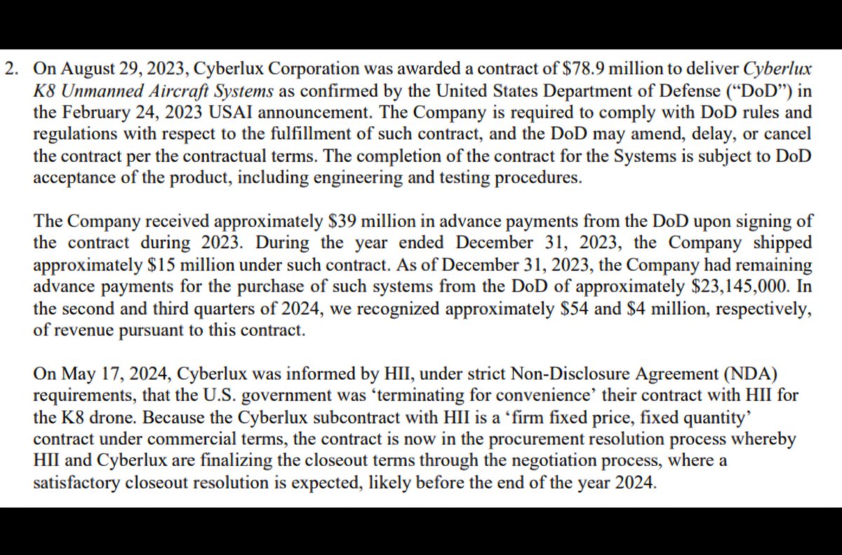 manmeet_s_k's tweet photo. Great report it seems like!!
1. 63M total revenue so far in 2024
2. 5.3M in Q3
3. The dod 78M contract was termiated under strict NDA, but #CBYL already recognized 58M and discussing with HII for the rest.
4. Got contarcts from multiple geographical locations
$CYBL 🚀🚀
#NFA https://t.co/NdkA926eKm