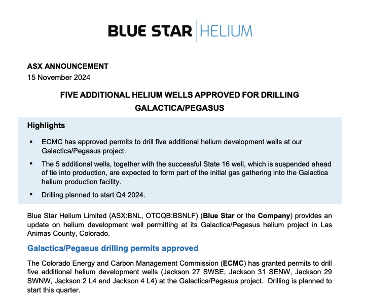 <a href="/HeliumBlue/">Blue Star Helium Limited</a> (#ASX: $BNL; #OTCQB: $BSNLF) can now start development drilling this quarter at its Galactica/Pegasus #helium project in Las Animas county, Colorado, after securing permits for five additional wells👉tinyurl.com/bdhd96dn
#bluestarhelium #GalacticaPegasus #asxnews