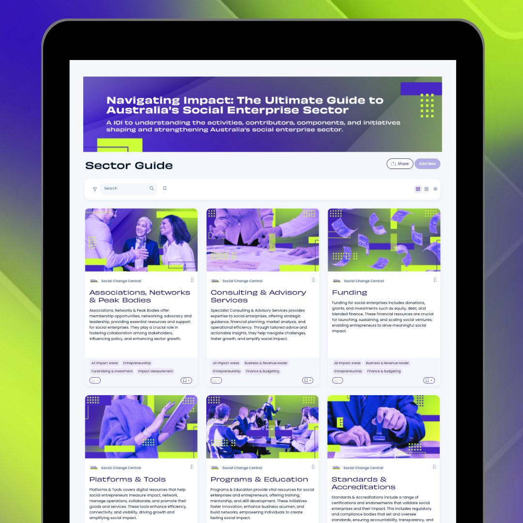 SocialChangeAus's tweet image. The SOCIALCHANGEWayfinder and Social Enterprise Sector Guide are the keys to navigating the Australian social enterprise sector. Developed in collaboration with the Centre for Civic Innovation, these two tools help Australian social enterprises, changemakers, and impact-driven…