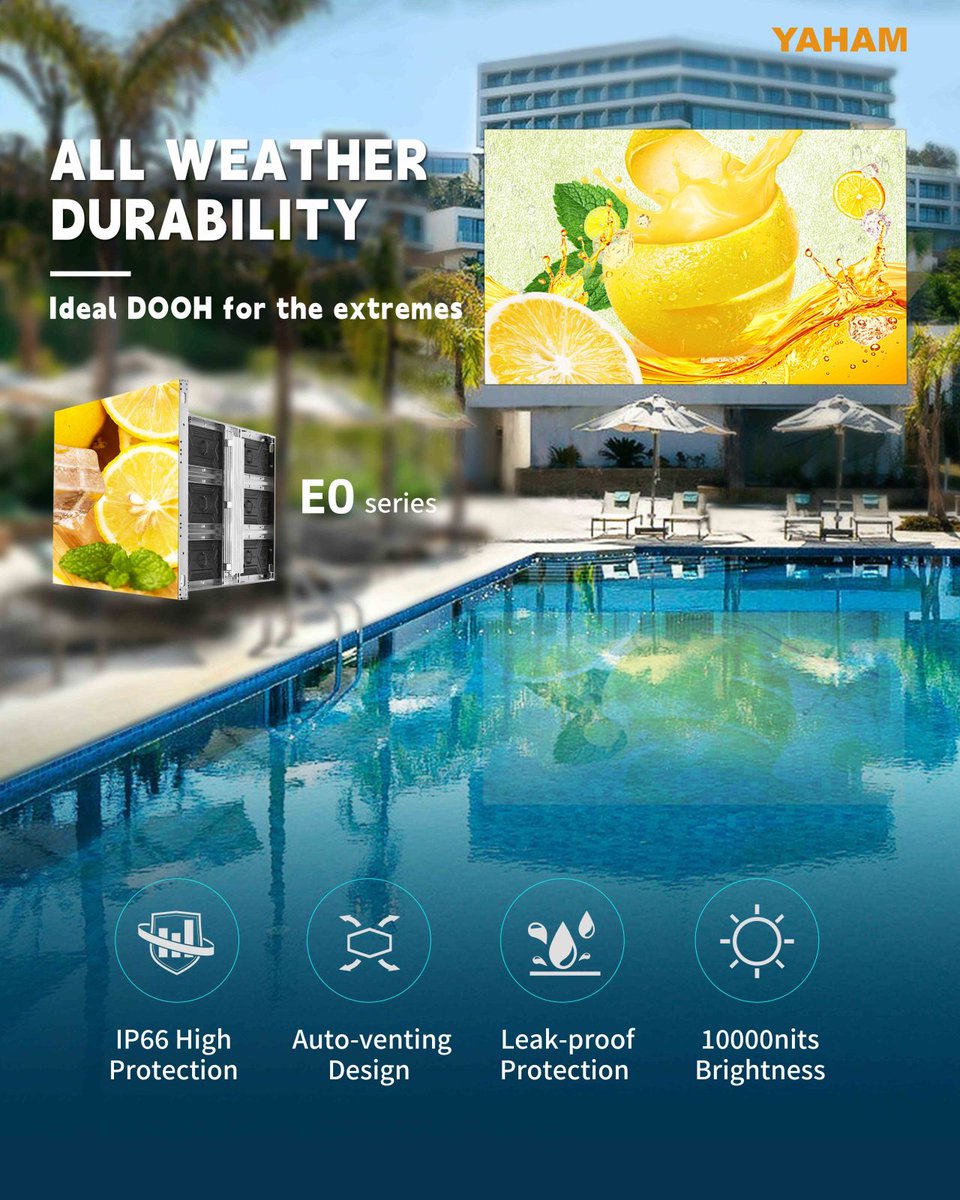 JohnnyLin000's tweet photo. 🌊 𝗘𝟬 series: 10,000nits💡 &amp; IP66 durability🔒. Perfect for seaside🌊, extreme temps🌡️❄️. Customizable angles📐 (45°, 90°, 130°, 144°) &amp; wave designs🌊.

📧 johnnylin@yaham.com
📱 +86 15302328244

#LEDdisplay #DOOH #outdoor #advertising #extremeweather #customangles #Billboard https://t.co/DtGaqSOGlB