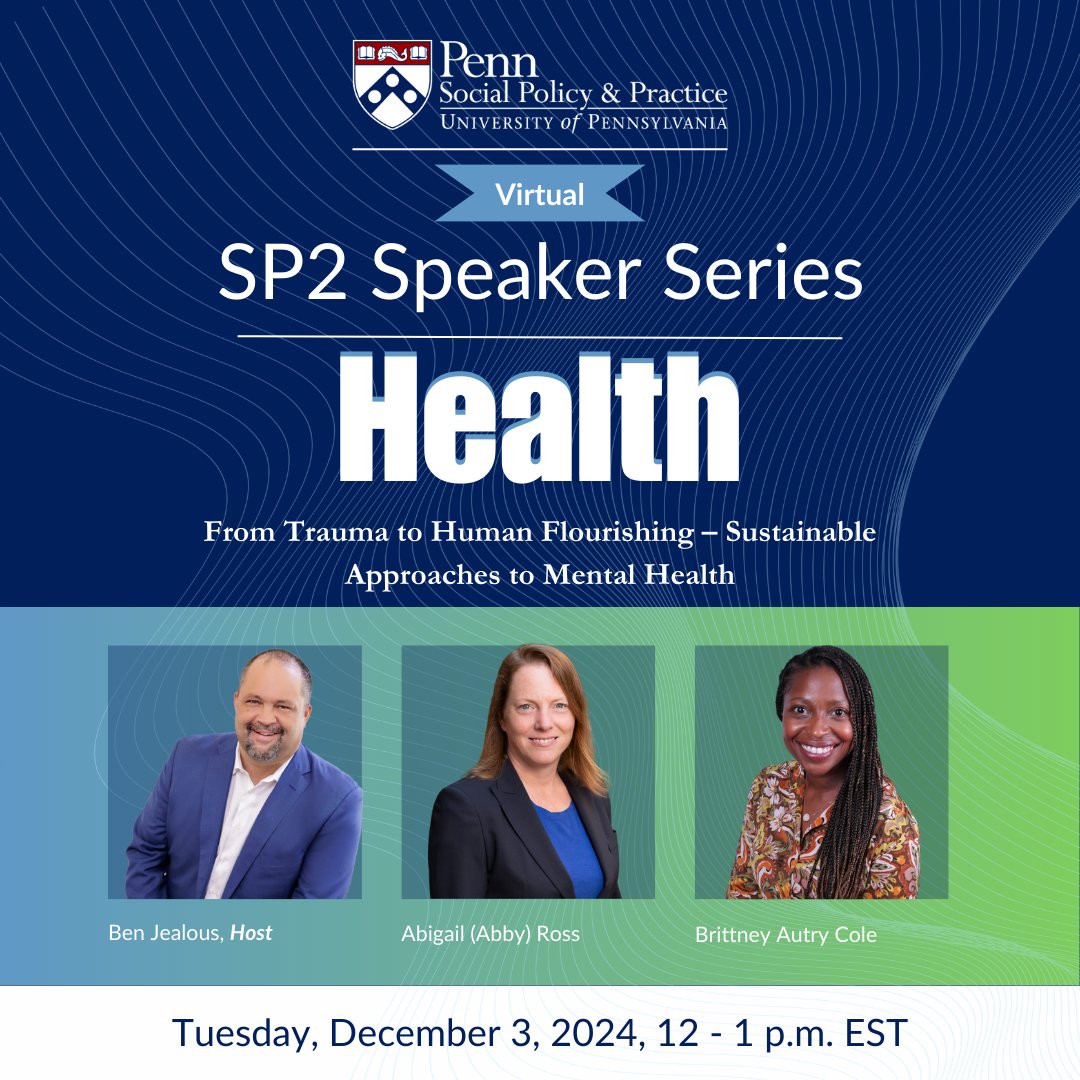 PennSP2 (@pennsp2) on Twitter photo Join #PennSP2 on 12/3 at 12 p.m. EST for a virtual conversation about sustainable approaches to mental health & well-being, featuring host <a href="/BenJealous/">Ben Jealous</a> & speakers associate professor Dr. Abby Ross (@Abtitude5) & alumna Dr. Brittney Autry Cole. Register at bit.ly/3ANrOD6 Join #PennSP2 on 12/3 at 12 p.m. EST for a virtual conversation about sustainable approaches to mental health & well-being, featuring host <a href="/BenJealous/">Ben Jealous</a> & speakers associate professor Dr. Abby Ross (@Abtitude5) & alumna Dr. Brittney Autry Cole. Register at bit.ly/3ANrOD6