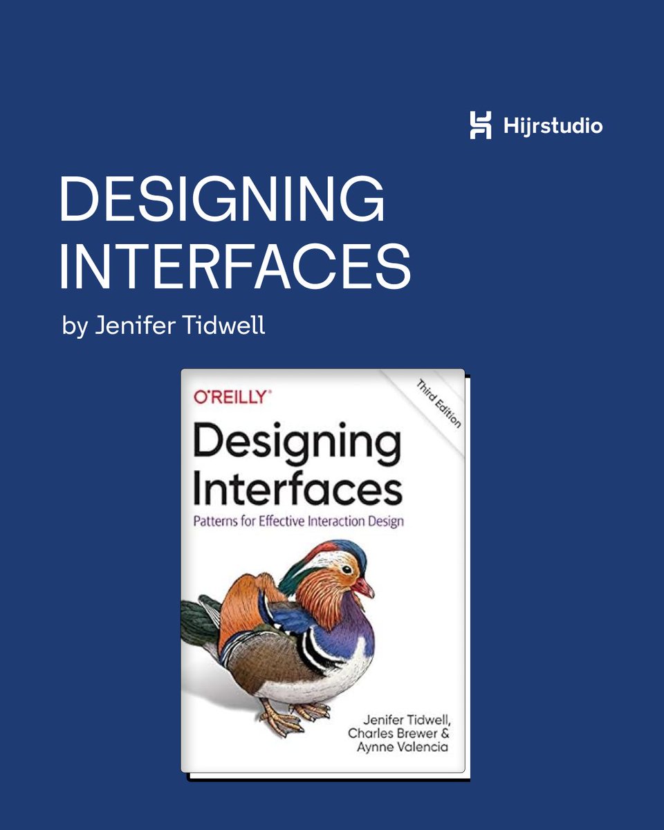 hijrstudio's tweet image. “Designing Interfaces” by Jenifer Tidwell is a well-regarded book in the field of user interface (UI) design.
#ui #userinterface #userinterfacedesign #bookinsight #jenifertidwell #designinginterface