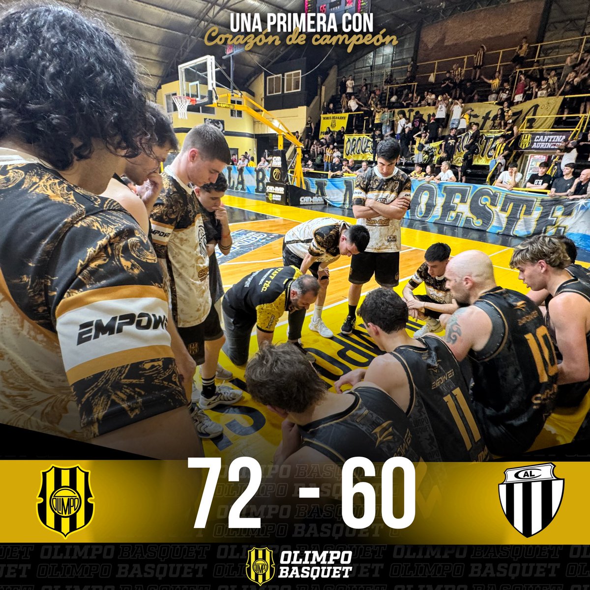 OlimpoBasquet's tweet photo. ¡Con corazón de campeón! 💛🖤 Olimpo se llevó el primer partido de la serie contra Liniers, ganando 72 - 60 en el estadio Norberto Tomás. El jueves que viene, seguimos la serie de playoffs del torneo Raúl Ramello en su cancha. victoria! #Playoffs #VamosOlimpo #CorazónDeCampeón https://t.co/FO1fR0wDhA