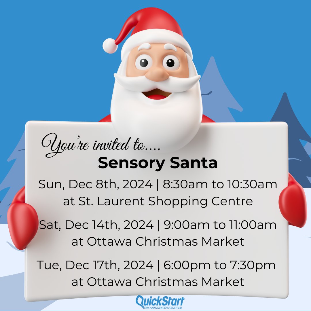 Santa’s on his way to Ottawa for #SensorySanta, QuickStart Autism's program where Santa set aside time to provide a sensory-friendly environment so that kids on the autism spectrum have a chance to meet with Santa, too.

Book a time with Santa here: 
quickstartautism.ca/events/sensory…