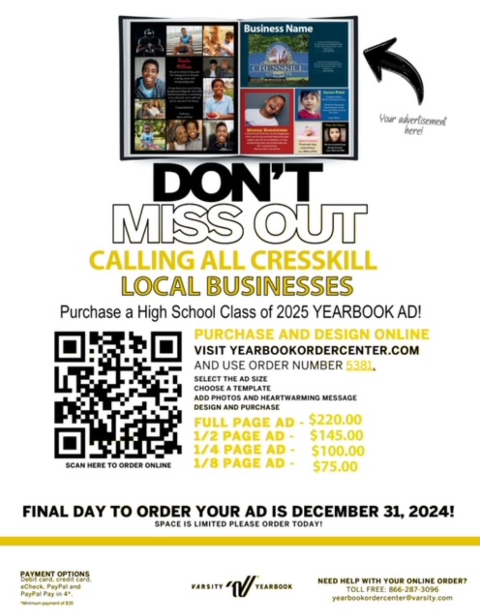 Calling all local businesses around Cresskill…looking for ways to advertise your business? Purchase an ad in this year’s Class of 2025 yearbook. <a href="/CresskillMSHS/">Cresskill MS/HS</a>