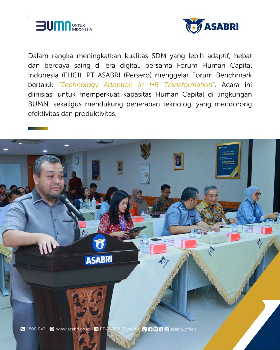 asabri_official's tweet image. Halo Sobat ASABRI

Dalam rangka mewujudkan visi meningkatkan kualitas SDM yang lebih adaptif dan berdaya saing di era digital, bersama Forum Human Capital Indonesia (FHCI), PT ASABRI (Persero) menggelar Forum Benchmark bertajuk &quot;Technology Adoption in HR Transformation&quot;. 
#FHCI